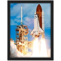 Artery8 Wall Art Print Space NASA Shuttle Discovery Rocket Launch Photo Large Framed Wall Décor Art in Light Oak | Size: W18" x H24"