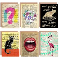 Artery8 Upcycled Quirky Music Dictionary Fun All Occasions Birthday Various Assorted Greeting Cards With Envelopes Pack of 6 in Beige
