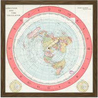 Artery8 Wall Art Print Map Gleason 1892 World Time Calculator Flat Earth Square Framed Picture 16X16 Inch in Brown | Size: W16" x H16"