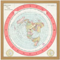 Artery8 Wall Art Print Map Gleason 1892 World Time Calculator Flat Earth Square Framed Picture 16X16 Inch in Light Oak | Size: W16" x H16"