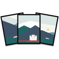 Wee Blue Coo Wall Art Print Geometric Highlands Eilean Donan Bonnie Scotland Castles Black Framed Poster Pack of 3 | Size: W12" x H16"