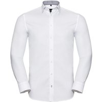 Russell Collection Men's Long Sleeve Contrast Herringbone Shirt in White | Size: 17.5 in