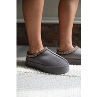 Where's That From Women's 'Freeze' Flatform Embroidered Low Ankle Slipper Boots in Grey | Size: 3