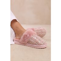 Where's That From Women's 'Snuggle' Slip On Sequin Slippers With Fur Trim in Pink | Size: 6