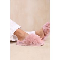 Where's That From Women's 'Cuddle' Cross Over Fluffy Slippers in Pink | Size: 7