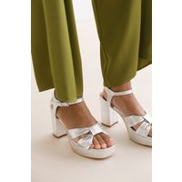 Where's That From Women's 'Verna' Mid Block Heel With Platform & Bow Detailing in Silver | Size: 7