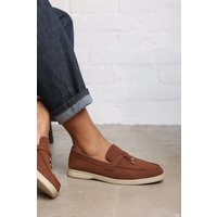 Where's That From Women's 'Charming' Slip On Suede Loafers Metal Trim Tassel in Brown | Size: 4