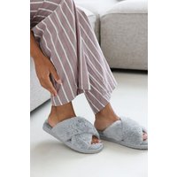 Where's That From Women's 'Denise' Faux Fur Fluffy Crossover Slippers in Grey | Size: 4