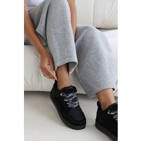 Where's That From Women's 'Mireya' Suede Low Top Trainer With Mesh Panel & Faux Fur Lining in Black | Size: 6