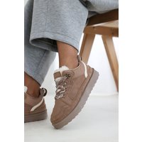 Where's That From Women's 'Xavia' Suede Low Top Trainer Slipper With Faux Fur Lining in Camel | Size: 5