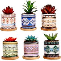 simpa 6PC Natural Pattern Ceramic Plant Pots with Bamboo Base