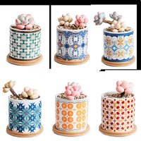 simpa 6PC Bohemian Pattern Ceramic Plant Pots with Bamboo Base