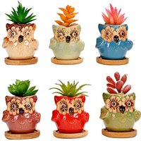simpa 6PC Flower Eye Owl Ceramic Plant Pots with Bamboo Base