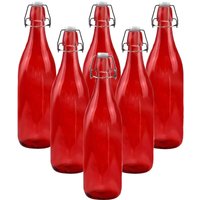 Lucenté 1L Glass Bottles with Swing Top Lids - Set of 6 in Red