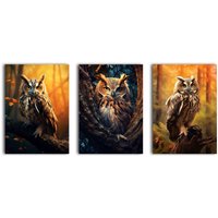 simpa Golden Owl 3 Panel Canvas Wall Art
