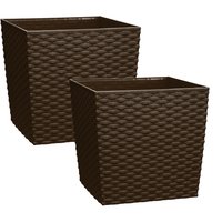 simpa 15 Litre Cubie Rattan Plastic Planters - Set of 2 in Brown