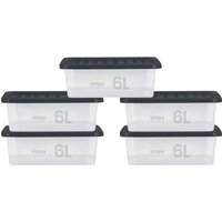 simpa 6L Stackable Compact Plastic Storage Boxes - Set of 5 in Clear
