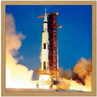 Artery8 Wall Art Print Space NASA Apollo 11 Rocket Launch Lift Off-Photo Square Framed Picture 16X16 Inch in Light Oak | Size: W16" x H16"