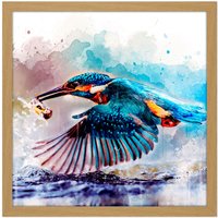 Artery8 Wall Art Print Watercolour Filter Kingfisher Bird River Photo Square Framed Picture 16X16 Inch in Light Oak | Size: W16" x H16"