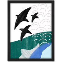 Artery8 Wall Art Print Collage Abstract Flying Fish Large Framed Wall Dรฉcor Art in Light Oak | Size: W18" x H24"