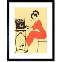 Artery8 Wall Art Print Typewriter Woman Red Dress Writing Artwork Framed 9X7 Inch in Black | Size: W7" x H9"