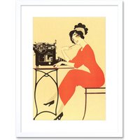 Artery8 Wall Art Print Typewriter Woman Red Dress Writing Artwork Framed 9X7 Inch in White | Size: W7" x H9"