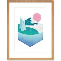Artery8 Wall Art Print Minimalist Mountains Lake Sunset Artwork Framed 9X7 Inch in Beige | Size: W7" x H9"