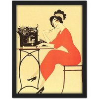 Artery8 Wall Art Print Typewriter Woman Red Dress Writing Large Framed Wall Décor Art in White | Size: W18" x H24"