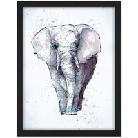 Artery8 Wall Art Print African Elephant Watercolour Large Framed Wall Décor Art in Light Oak | Size: W18" x H24"