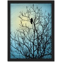 Artery8 Wall Art Print Raven Tree Silhouette Large Framed Wall Dรฉcor Art in Light Oak | Size: W18" x H24"