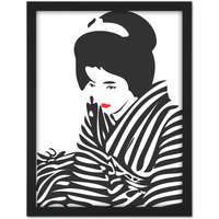 Artery8 Wall Art Print Japan Geisha Lipstick Stripes Large Framed Wall Décor Art in Light Oak | Size: W18" x H24"
