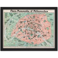 Artery8 Wall Art Print Robelin Paris Monument Map French Large Framed Wall Dรฉcor Art in Light Oak | Size: W18" x H24"
