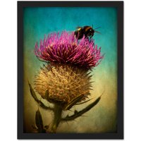 Artery8 Wall Art Print Bumble Bee & Thistle Large Framed Wall Décor Art in White | Size: W18" x H24"