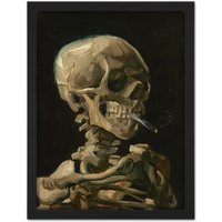 Artery8 Wall Art Print Van Gogh Head Skeleton Burning Cigarette Large Framed Wall Décor Art in Light Oak | Size: W18" x H24"
