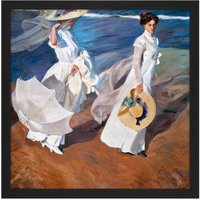 Artery8 Wall Art Print Sorolla Strolling Along The Seashore Painting Square Framed Picture 16X16 Inch in Black | Size: W16" x H16"