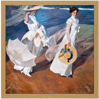 Artery8 Wall Art Print Sorolla Strolling Along The Seashore Painting Square Framed Picture 16X16 Inch in Light Oak | Size: W16" x H16"