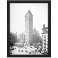 Artery8 Wall Art Print New York Flat Iron Building Vintage Photo Large Framed Wall Décor Art in Black | Size: W18" x H24"