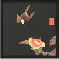 Artery8 Wall Art Print Jakuchu Swallow Camillia Bird Flower Japan Painting Square Framed Picture 16X16 Inch in Black | Size: W16" x H16"