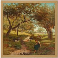 Artery8 Wall Art Print Bilders The Goatherdess Farm Goat Painting Square Framed Picture 16X16 Inch in Light Oak | Size: W16" x H16"