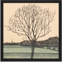 Artery8 Wall Art Print Julie De Graag Kale Boom Lone Tree Field Woodcut Square Framed Picture 16X16 Inch in Black | Size: W16" x H16"