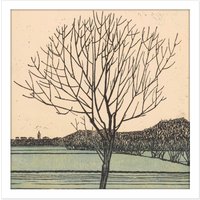 Artery8 Wall Art Print Julie De Graag Kale Boom Lone Tree Field Woodcut Square Framed Picture 16X16 Inch in White | Size: W16" x H16"