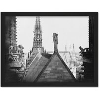 Artery8 Wall Art Print Vintage Photo Notre Dame Paris France Gargoyle Spire Roof Large Framed Wall Décor Art in Light Oak | Size: W18" x H24"