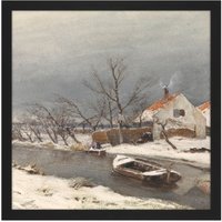 Artery8 Wall Art Print Louis Apol Winter Landscape Houses Canal Painting Square Framed Picture 16X16 Inch in Black | Size: W16" x H16"