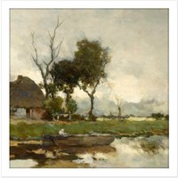 Artery8 Wall Art Print Weissenbruch Autumn Landscape Cottage Painting Square Framed Picture 16X16 Inch in White | Size: W16" x H16"