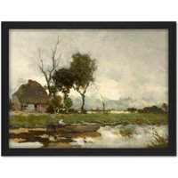 Artery8 Wall Art Print Weissenbruch Autumn Landscape Cottage Painting Large Framed Wall Décor Art in White | Size: W18" x H24"