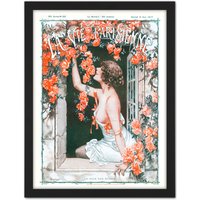 Artery8 Wall Art Print La Vie Parisienne Window Roses Flowers French Magazine Cover Large Framed Wall Décor Art in Light Oak | Size: W18" x H24"