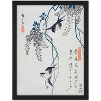 Artery8 Wall Art Print Swallows & Wisteria Utagawa Hiroshige Large Framed Wall Décor Art in Light Oak | Size: W18" x H24"