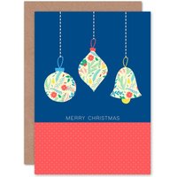 Artery8 Christmas Bright Floral Collage Ornaments Greetings Card in Blue
