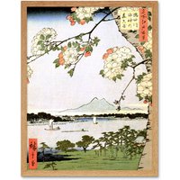 Artery8 Wall Art Print Cherry Blossom Utagawa Hiroshige 100 Views Edo 035 Ukiyo-e Woodblock Cropped Art Framed in Light Oak | Size: W12" x H16"