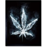 Artery8 Wall Art Print Luminescent Marijuana Smoke Leaf Cool Creative Digital Painting Art Framed in Black | Size: W12" x H16"